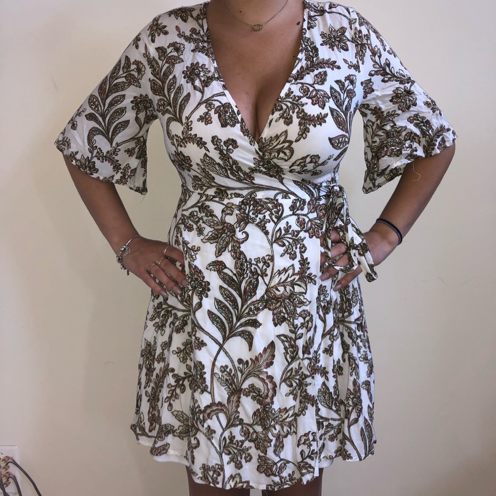 white Dress with pink and green floral print - M